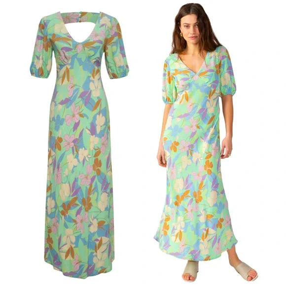 NEW Sanctuary Women's Tie Back Floral Maxi Dress Puff Sleeve Size 6 MSRP $159 - Picture 2 of 3